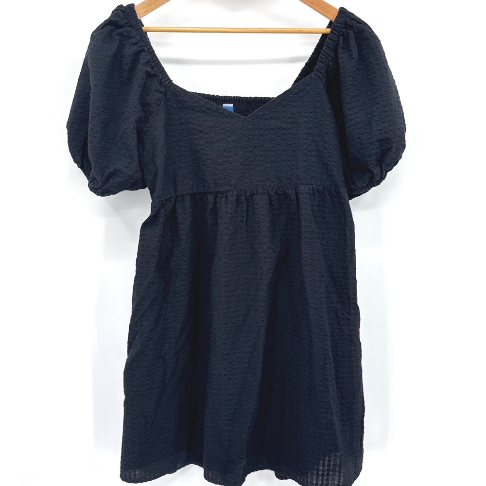 Smocked Seersucker Sweetheart Mini Women Dress L Black Puff Sleeve